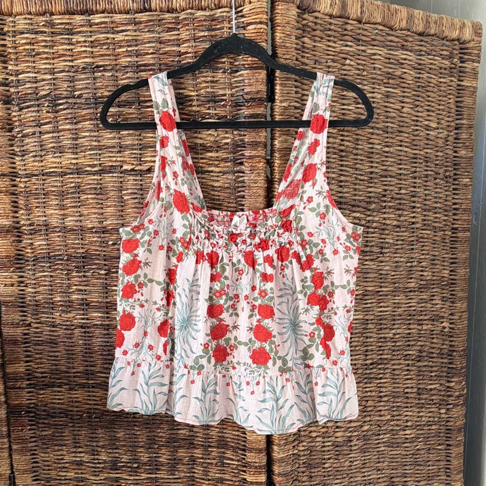 Never worn Maeve Red Floral Cream Smocked Tank Top